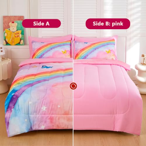Image of Twin Comforter Set for Girls 5 Piece Pink Rainbow Bedding Set for Girls Super Soft Microfiber Bed Set Bed in a Bag with Comforter Sheets Pillowcase & Sham (5 Piece Twin Size)