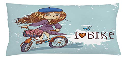 Ambesonne Retro Throw Pillow Cushion Cover, Cartoon Lady with French Vibes and a Bike Illustration Vintage City Life, Decorative Square Accent Pillow Case, 36