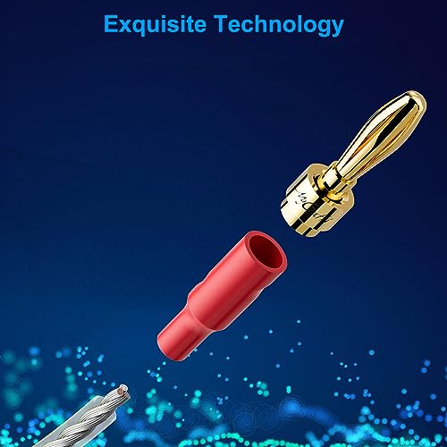 2 Pack 16/2 Speaker Flat Wire Cable with Banana Tip Plugs 10 FT, 16 Gauge AWG Wire, Tinned OFC Copper, Transparent Jacket with Yellow Polarity Marker, for Indoor & Outdoor, Hi-Fi