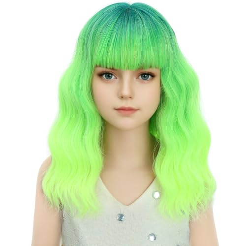 Image of Ombre Green Wig Short Lime Green Wavy Curly Wigs Neon Green Wig with Air Bangs Synthetic Cosplay Hair Wig (Small Size)