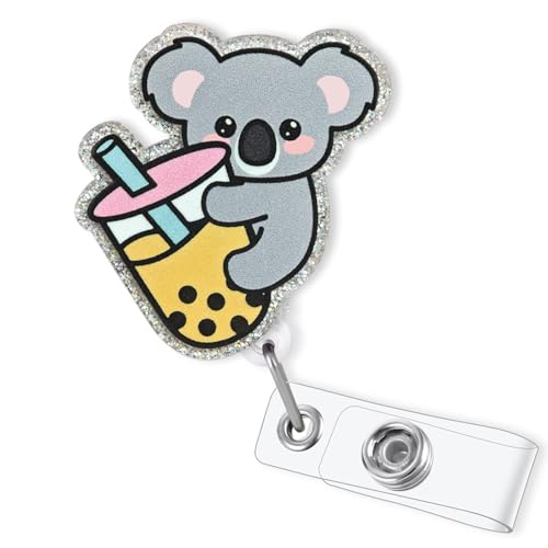 Cute Koala with Boba Tea Badge Reel Retractable, Funny Animal Badge Reel for Nurse Nursing RN CNA LPN ER Doctor & Healthcare Worker, Pediatric Nurse Gifts, Koala Lover Acrylic Badge Holder for Work