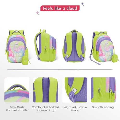 Image of Genie Awesome School Backpack for Girls |15 In-20 Ltr with Three Compartments,Side Pockets and Light Weight with Padded Shoulders |Best for Books,Stationery, Lunch Box & Essentials - Green