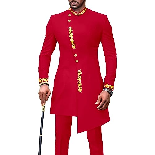 Men`s Bussiness Suit African Clothes Single Breasted Embroidery Blazer and Pants 2 Piece Set Dashiki Outfits