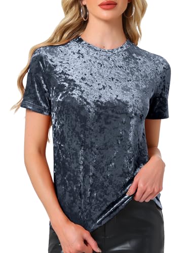 T-shirt en velours Allegra K pour femme top décontracté col rond gris bleu taille XS
