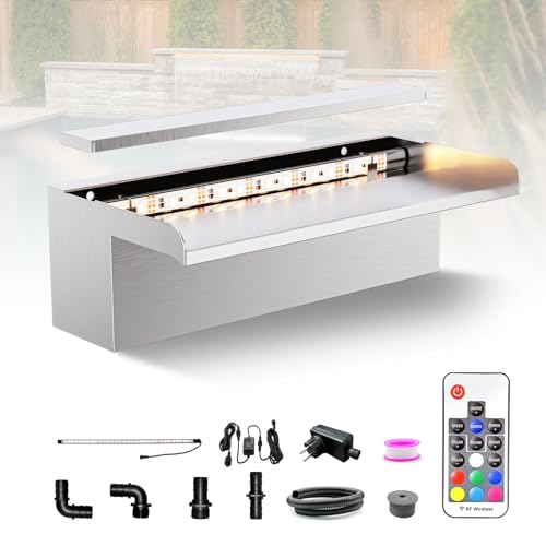 Longrun 30cm Teich Wasserfall Set, 304 Edelstahl Pool Wasserfall Brunnen mit RGB LED und Fernbedienung, Breite 15cm