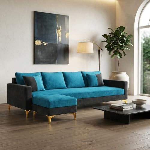 Image of Classiq Rich 5 Seater L Shape Sofa Set with Movable Ottoman | Flexible Layout | Spacious Soft Touch Seating | Designer Sofa for Living Room (Dark Grey & Aqua Blue)