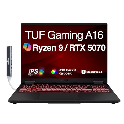 Image of ASUS TUF Gaming A16 AI Gaming Laptop 16.0 inch 165Hz IPS WUXGA Display (AMD Ryzen 9 270, GeForce RTX 5070 8GB, 64GB DDR5, 8TB PCIe SSD, RGB KB, WiFi 6E, Webcam, Win 11 Pro) w /DKZ USB Port Expander