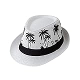 Gift_Source Unisex Panama Straw Hats Short Brim Fedora Straw Hat Trilby Hat Palm Tree Print Summer B