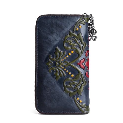 Women Long Wallet Vintage Embossing Ethnic Style Card Holder Genuine Leather Clutch Large Capacity Multi Pocket Purse (Black)2