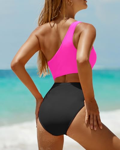 Women's One Piece Swimsuit- One Shoulder Bathing Suit Cutout Tummy Control Swimwear Hot Pink M - Image 3