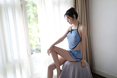 SINMIUANIME Womens 2 Piece Mesh Cheongsam Lingerie Chinese Schoolgirl Cosplay Nightie Bellyband with Skirt, Blue, One Size - Image 2
