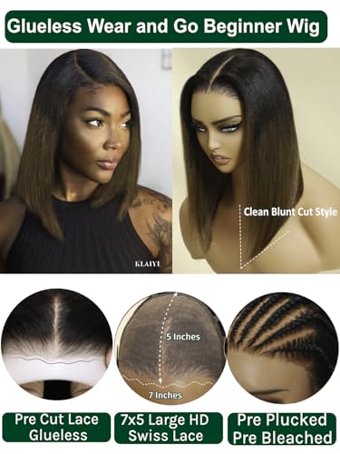 Image of KLAIYI Ombre Brown Yaki Straight Bob Wig Human Hair Bye Bye Knots Glueless Wig Precut Lace Pre Bleached Pre Plucked 7x5 Lace Front Ready to Wear Put On Go Wig with Dark Roots Balayage Brown Wig 10Inch