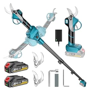 Gisam Akku-Astschere mit Teleskopstange (2.4m) - Bürstenloser Motor, 2-in-1 Elektrische Gartenschere mit 3 Paar SK5-Klingen und 2 Akkus, 35mm Astschere für Baum, Heckenpflege & Blume