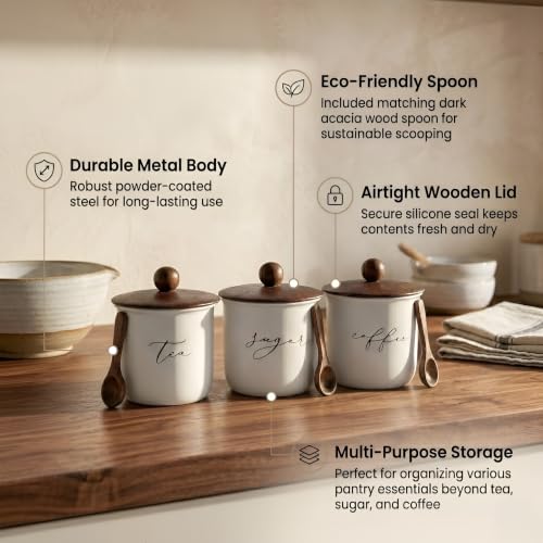 Image of Airtight Metal Canister Set of 3 with Wooden Lid, White, Tea Sugar Coffee Kitchen Storage Jars, 800ml, 11x15 cm | Food-Safe Jar Set for Kitchen counter top Container