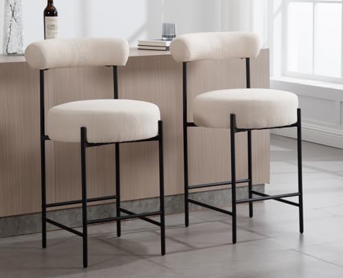 EALSON Modern Counter Height Bar Stools Set of 2 Linen Upholstered Barstools with Curved Open Back/Round Seat Fabric Comfortable Bar Chairs for Kitchen Island, 26 Inch Beige