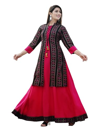 DSS FASHION Women Printed Cotton Rayon Blend Regular Fit Anarkali Kurta (X-Large, Pink)