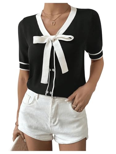 Verdusa Women's Old Money Bow Tie Casual Knit Tops Contrast V Neck Short Sleeve Sweaters