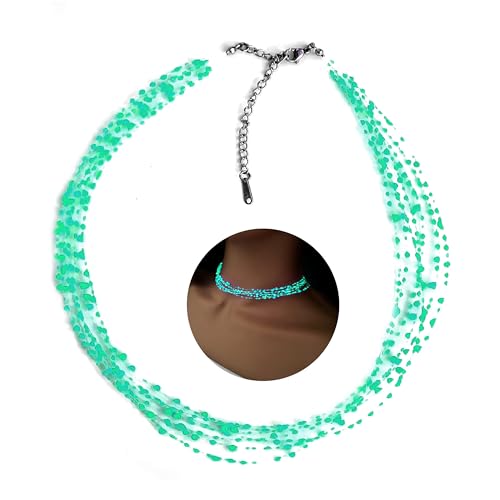 Glow in the Dark Choker Necklace, Stainless Steel Adjustable Chain, Dainty Multi-Strain Beaded Choker Necklace for Women and Teens, Handmade in Italy (Turquoise)