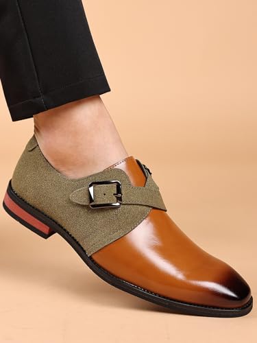 Men's Two-Tone Monk Strap Dress Shoes, Brown Leather and Olive Suede, Classic Buckle Design4