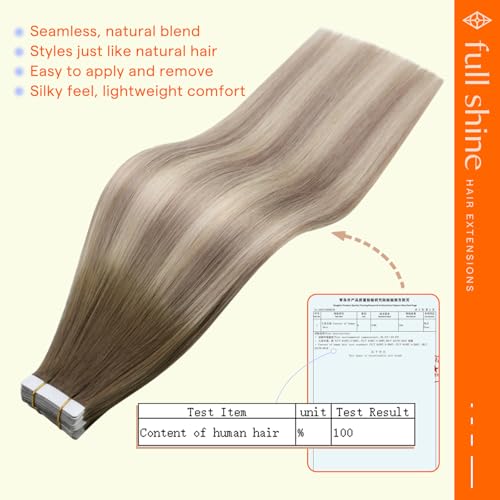 Image of Full Shine Hair Extensions Tape In, 20 Inch Ash Brown to Blonde | 50g 20 PCS, Remy Tape in Extensions, Blonde Highlights, Long Style, Enhanced Volume, Versatile Looks, Smooth Texture