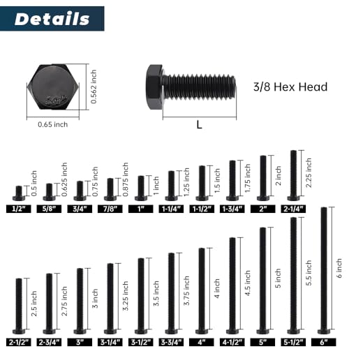 Image of Glvaner 3 /8-16 x 3-1 /2 inch Stainless Steel Hex Head Screws Bolts, Black Coated, 304 Stainless Steel 18-8, Hexagon Head Bolts, Full Thread, 8 pcs