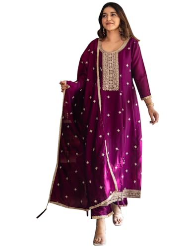Image of VredeVogel Women's Silk Blend Embroidered Anarkali Kurta with Pant & Dupatta Set | Festive & Casual Women Ethnic Kurta Set for Women