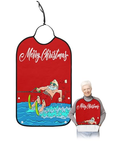 Kewadony Adult Bibs for Elderly Women - Red Santa Christmas Waterproof Dining Clothing Protectors with Crumb Catcher for Eating/Feeding, Xmas Coastal Merry Christmas Terry Cloth Bib Machine Washable