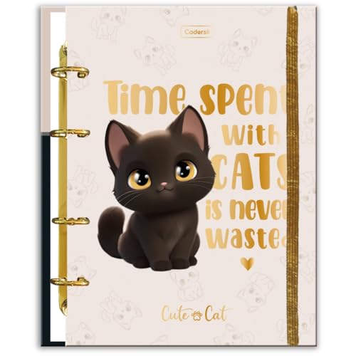 Caderno Colegial Argolado Criativo Cadersil Estampa Cute Cat – 80 Folhas – Capa Dura – Argolas Douradas com Elástico – Ideal para Escola ou Anotações do Dia a Dia.