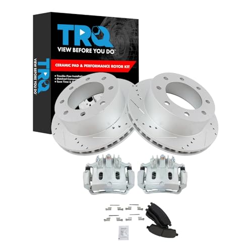 Image of TRQ Rear Performance Brake Pad, Caliper, & Rotor Kit Ceramic Premium G-Coated Compatible with 2000-2005 Ford Excursion 2000-2004 F-250 Super Duty F-350 Super Duty