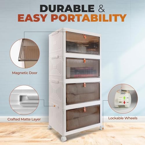 Image of YASONIC 4 Pack Plastic Cupboard for Storage, Multipurpose Stackable Cabinet Drawer, Foldable Wardrobe Organizer for Clothes, Kitchen Storage Cabinet, Modular Almirah with Magnetic Doors, Wheels