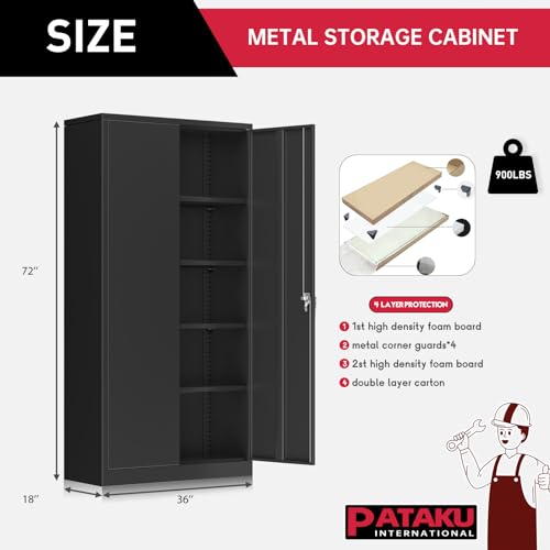 Pataku Garage Storage Cabinets, Black Metal Cabinet with Locking Doors and Shelves, 72.5"x 36"x18" Steel Tool Cabinet for Home Office, Basement, Pantry, File, Large Capacity