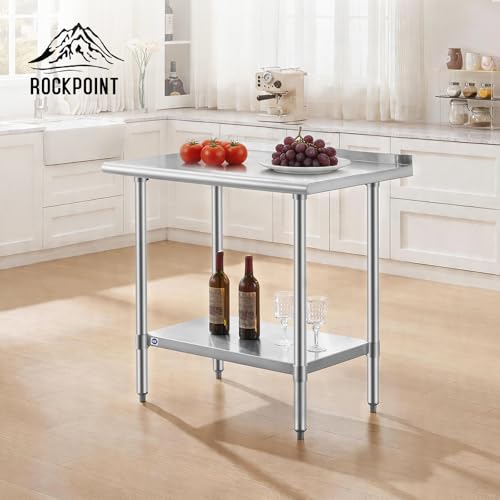 Image of ROCKPOINT SS304 Top All Stainless Steel Table for Prep & Work with Backsplash 24x36 Inches, NSF Commercial Kitchen Heavy Duty Table with Adjustable Undershelf for Restaurant,Kitchen, Home and Hotel