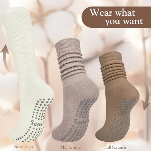 4 Pairs Grip Pilates Socks for Women Yoga Scrunch Slouch Non Slip Long Socks with Grippy Pilates Barre Workout Slipper 5-92