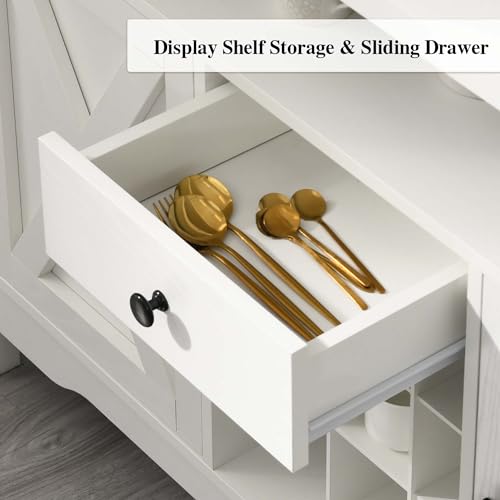 Coffee Bar Cabinet with Storage, 47” White Coffee Bar Station Cabinet, Farmhouse Coffee Bar Buffet Cabinet with Drawer, 9 Wine Racks, Barn Doors for Dining Room, Living Room