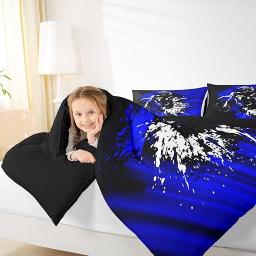Image of Feelyou Kids Blue Black Ombre Comforter Set Twin Size, Dirt Bike Bedding Set Motocross Duvet Insert Boys Girls Teens Bedroom Decor Bed Set 2Pcs