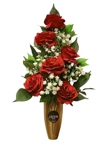 Ramo Artificial para Cementerio con Rosas Abiertas Rojas y Paniculata, Montado en Cono
