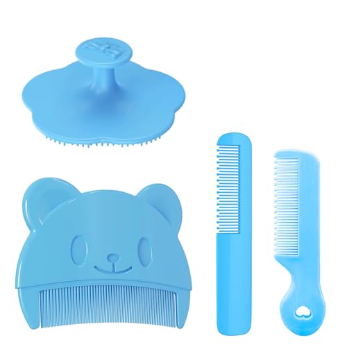 4er-Pack Babybürste Sanfter Milchschorf Kamm mit Weichen Zähnchen Baby Haarbürste Effektives Kopfgneis Schorfkamm Hilft Bei Der Sanften Reinigen Massage Der Kopfhaut für Neugeborene Und Baby (Blau)