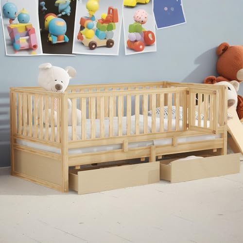 BEDGJH Twin Size Daybed with Fence Guardrails, Wood Twin Daybed Frame with 2 Storage Drawers, Split into Independent Floor Bed & Daybed, for Bedroom/Living Apartment/Guest-Room (Natural, Twin)