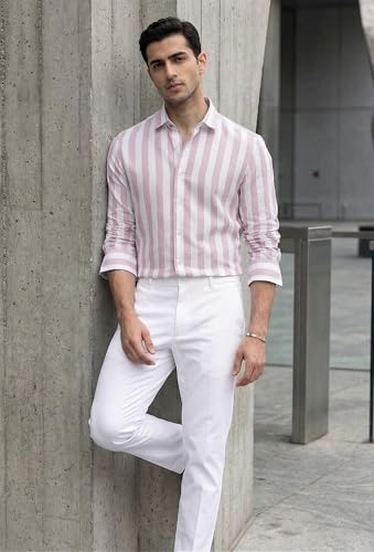 Image of IndoPrimo Men's Striped Cotton Shirt | Slim Fit Stylish Casual Shirt for Man | Full Sleeve Summer Wear Vertical Stripe Shirt for Office, Vacation
