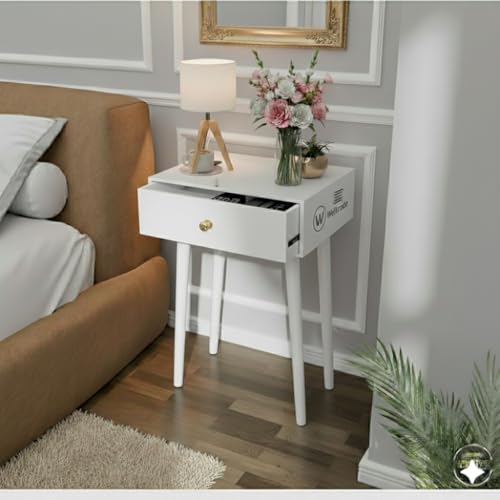 Image of Shoppee Wooden Antique 1- Drawer Wood Side Table Accent End Table for Living Room Solid Wood Leg Classic Bedside Table Nightstand for Bedroom (White)
