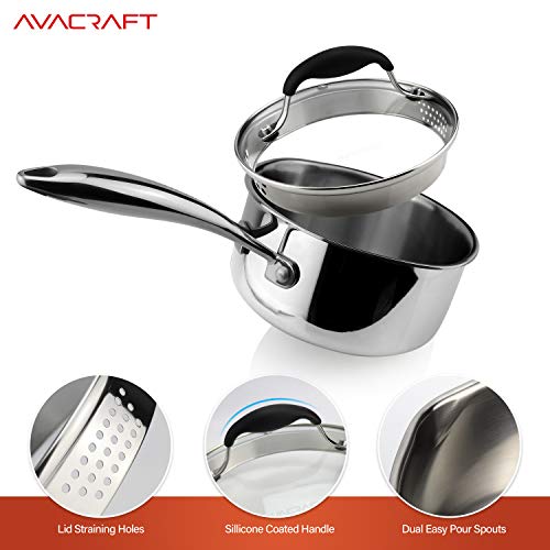 image for AVACRAFT Tri-Ply Stainless Steel Saucepan with Glass Strainer Lid, Two
