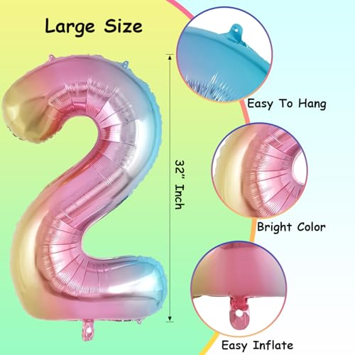 Image of Rozi Decoration Rainbow Theme 2 Number Foil Balloons for Decor Large Size - 32 Inch | 2 Number for Birthday Decoration, Anniversary & Party Decor Helium & Air Supported Pack of 1 Pcs
