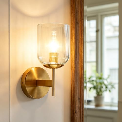 Modern Brass Fluted Glass Wall Sconce, Wall Mounted Light with