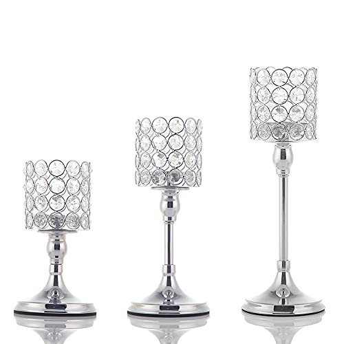 ECOM KING Silberne Kristall-Votivkerzenhalter für Kamin, Couchtisch, Zylinderkerzenhalter, Set mit 3 Stück für Jahrestag, Feier, Hochzeit, Tafelaufsätze Cover