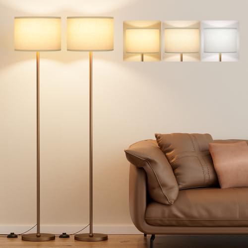 Image of Ambimall 60'' Modern Floor Lamp Set of 2, 2PK Tall Lamps for Living Room Bedroom, Beige Shade with Brown Pole(Without Bulb)