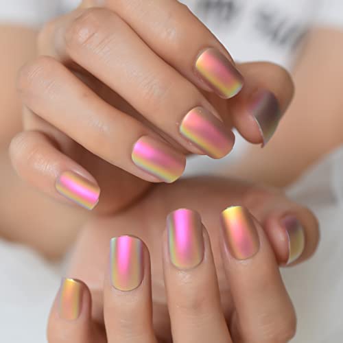 Short Pink Golden Matte Chrome Press On Nails Holographic Multi Color Shiny Squavol False Nails Art Fingernails Manicure Tips Salons At Home Acrylic Fake Reusable Tips Cute Awesome Lovely Colorful #TOP2