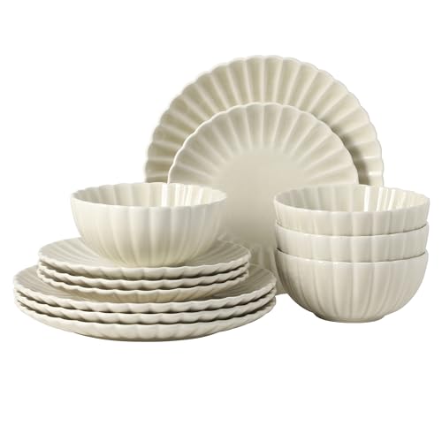 Gibson Elite Peach Orchard 12-Piece New Bone China Dinnerware Set Service for 4, Embossed Fluted Plates and Bowls, Dishwasher and Microwave Safe, Cream White