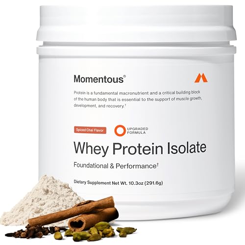 Momentous Essential Grass-Fed Whey Protein Powder - 20 g Whey Isolate Protein - NSF Certified for Sport - Gluten-Free - 12 Servings for Essential Everyday Use - Spiced Chai - Package May Vary