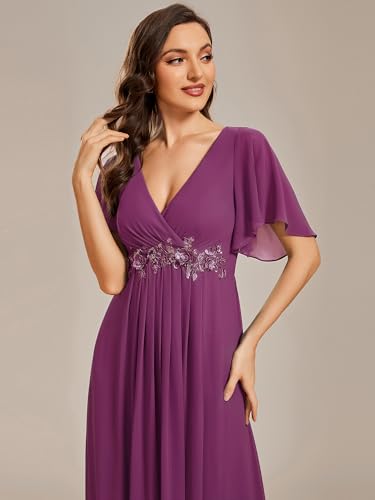 Image of Ever-Pretty Womens V Neck Applique Mother of the Bride Dresses Formal Dress | Chiffon, Short Sleeves, Ruched, A-Line, Bridesmaid Dresses, Formal Gown, Black Tie Dress
