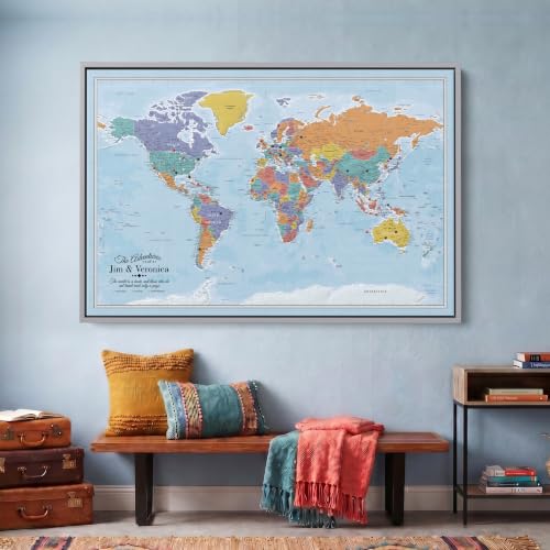 Image of Blue Oceans World Push Pin Map Canvas - Personalized Travel Gift - Framed Wall Decor - Silver Float Frame - 30 inch x 45 inch